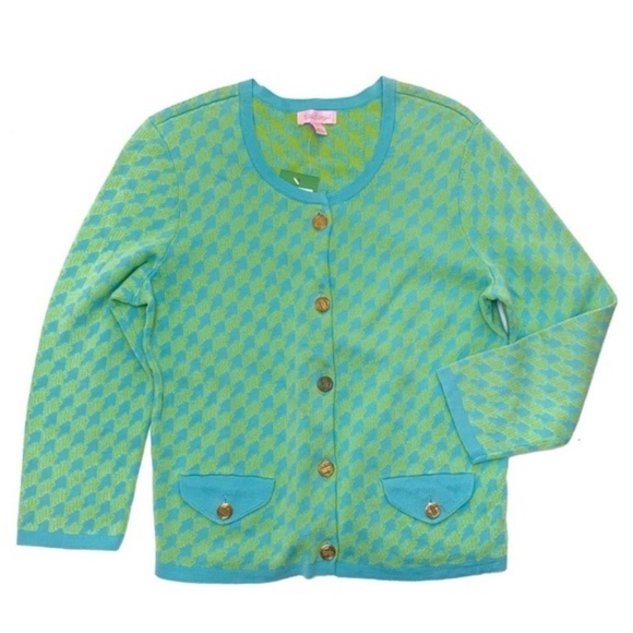 Lilly Pulitzer Blue Green Hound-Stooth Cardigan Sweater - Picture 1 of 11